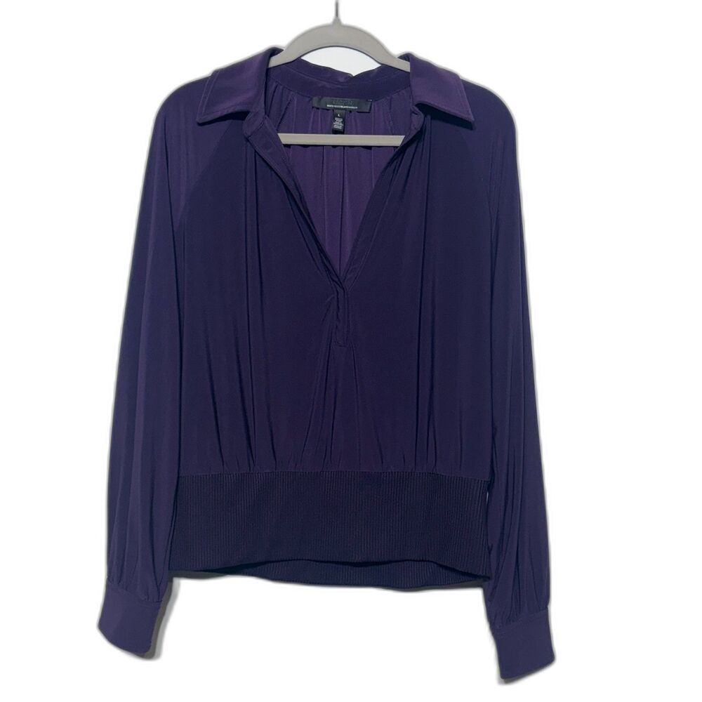 White House Black Market Purple V Neck Collared Smocked Hem Blouse Large